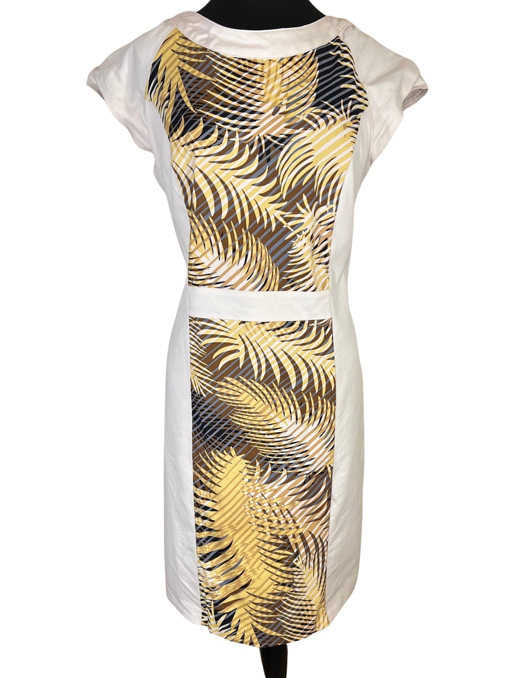 Tropical Palm Print Sheath Dress in White Yellow Tan w Scoop Back